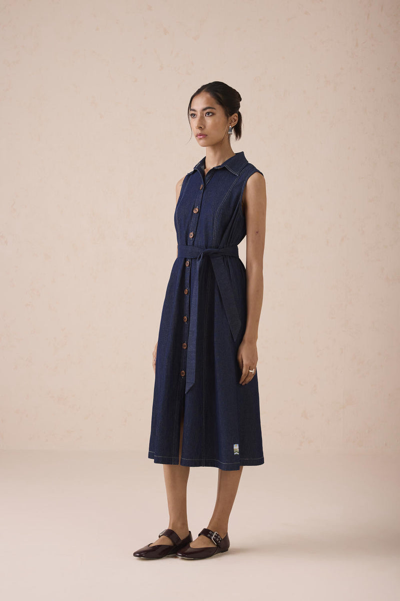 The Sunrise Denim Midi Dress cotton by SUI in blue color for women Worldwide