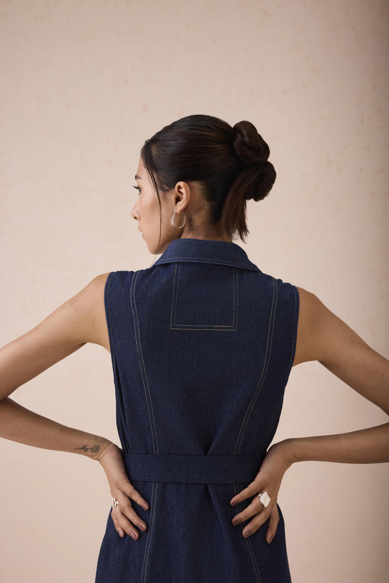 The Sunrise Denim Midi Dress cotton by SUI in blue color for women Worldwide