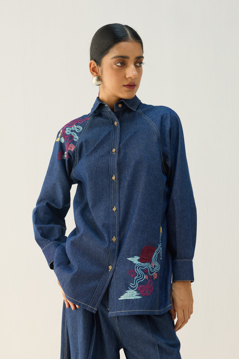 The Wave Sustainable Denim Shirt cotton by Sui in blue color for women Worldwide