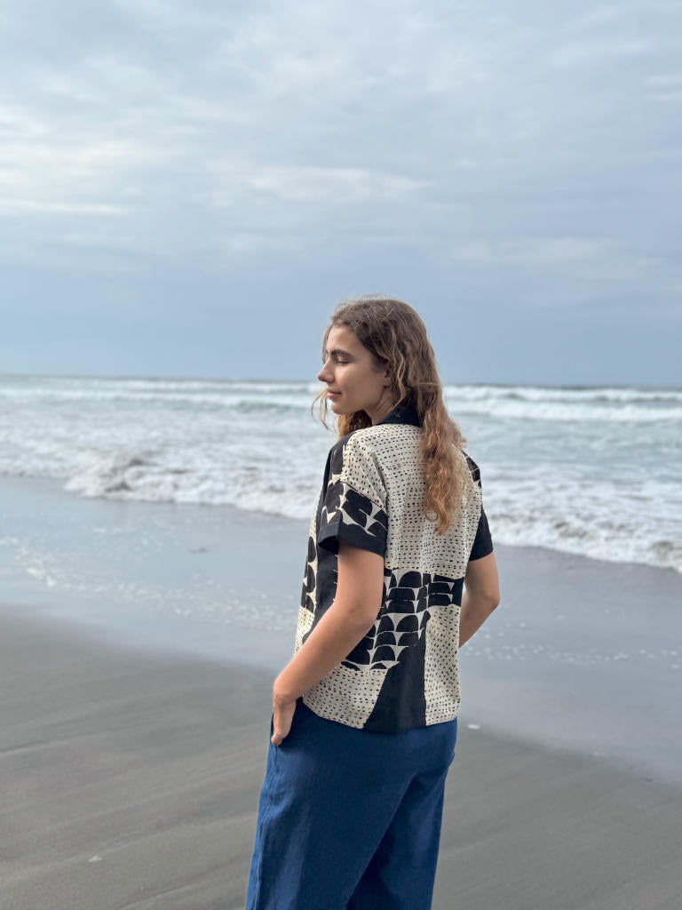 The Half Moons Boro - Boro Shirt cotton by World of Crow in black color for women Worldwide