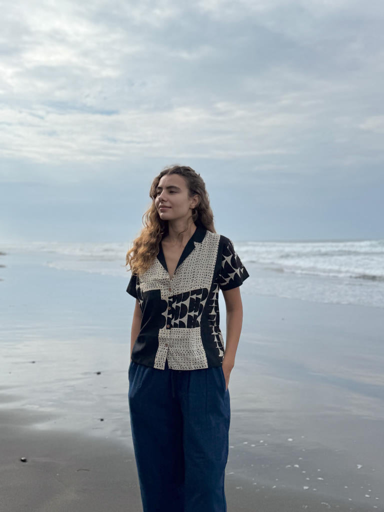 The Half Moons Boro - Boro Shirt cotton by World of Crow in black color for women Worldwide