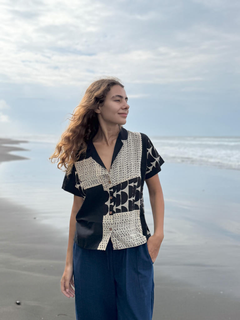 The Half Moons Boro - Boro Shirt cotton by World of Crow in black color for women Worldwide