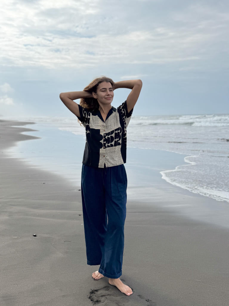 The Half Moons Boro - Boro Shirt cotton by World of Crow in black color for women Worldwide