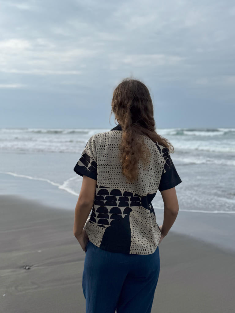 The Half Moons Boro - Boro Shirt cotton by World of Crow in black color for women Worldwide