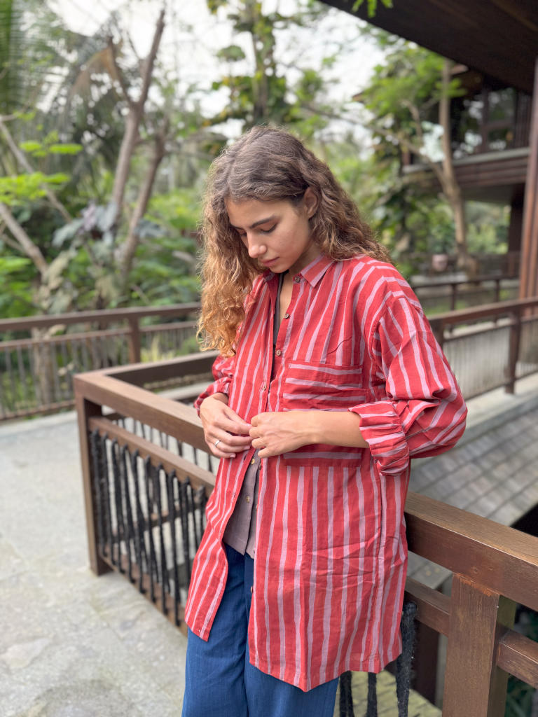 The Red-Striped Shirt cotton by World of Crow in red color for women Worldwide