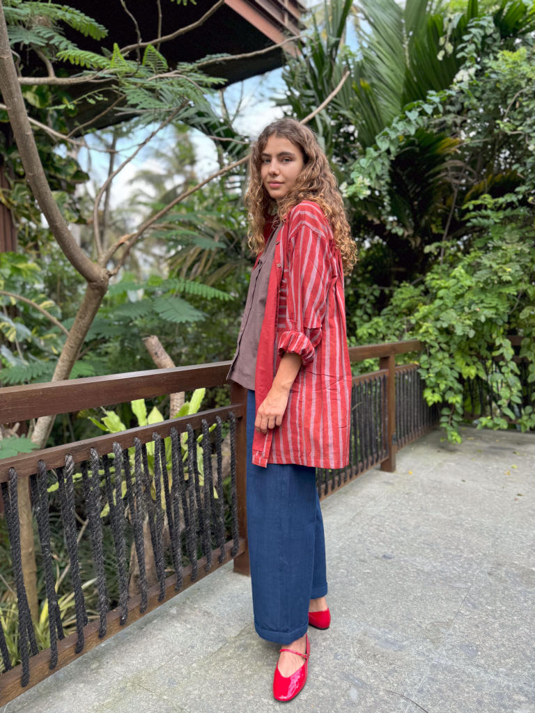 The Red-Striped Shirt cotton by World of Crow in red color for women Worldwide