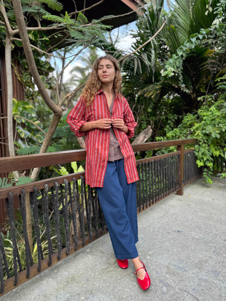 The Red-Striped Shirt cotton by World of Crow in red color for women Worldwide