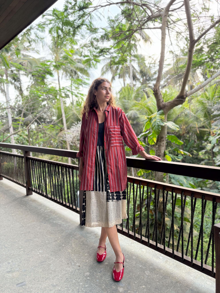 The Red-Striped Shirt cotton by World of Crow in red color for women Worldwide