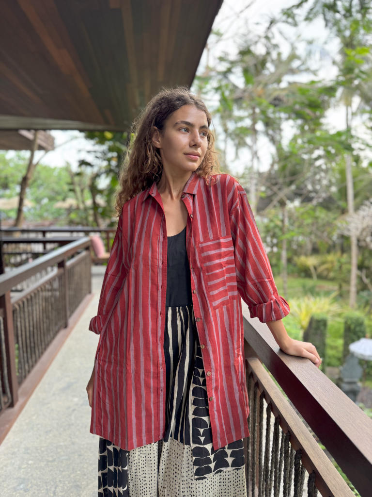 The Red-Striped Shirt cotton by World of Crow in red color for women Worldwide