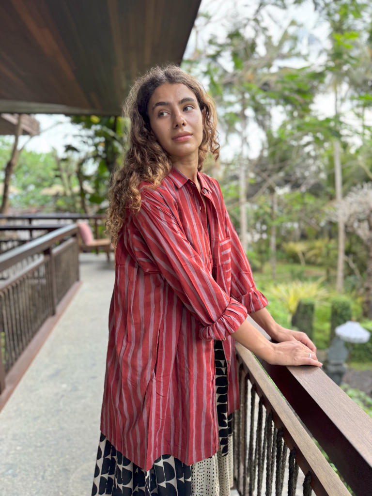 The Red-Striped Shirt cotton by World of Crow in red color for women Worldwide