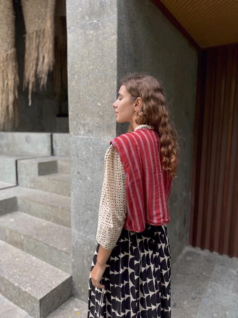 The Red - Striped Vest cotton by World of Crow in red color for women Worldwide