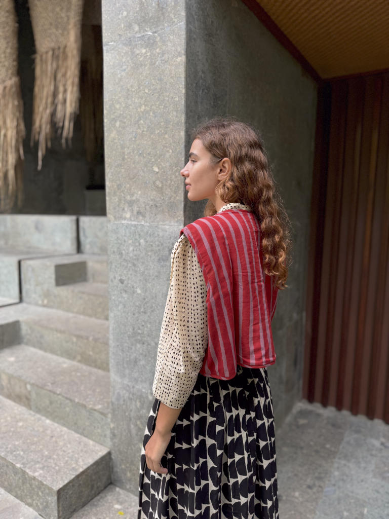 The Red - Striped Vest cotton by World of Crow in red color for women Worldwide