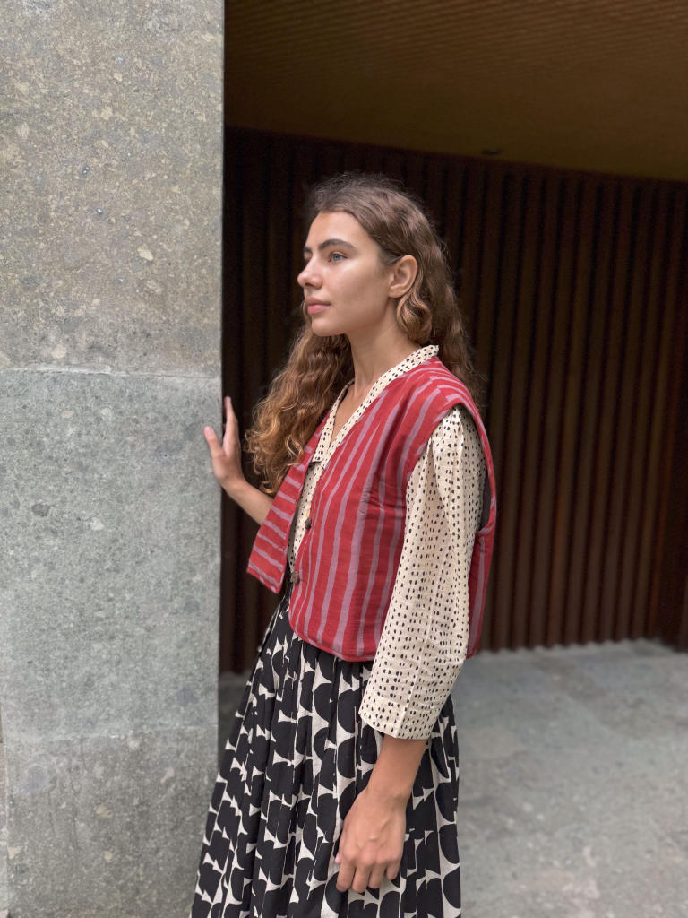 The Red - Striped Vest cotton by World of Crow in red color for women Worldwide