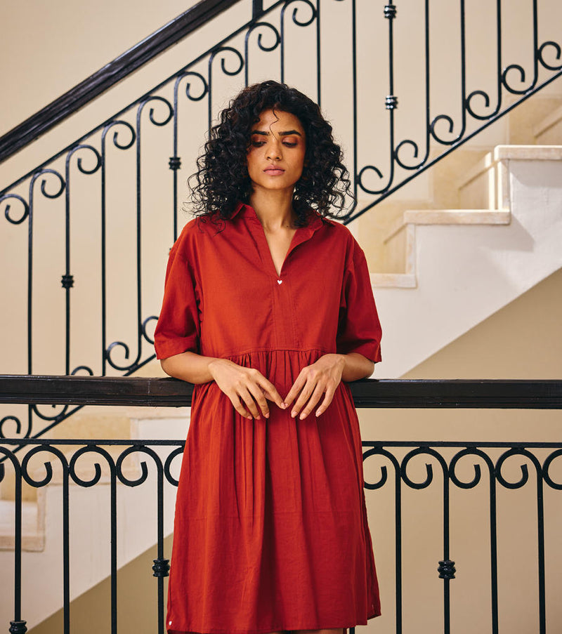 The Sonder Dress cotton by Khara Kapas in rust for women Worldwide
