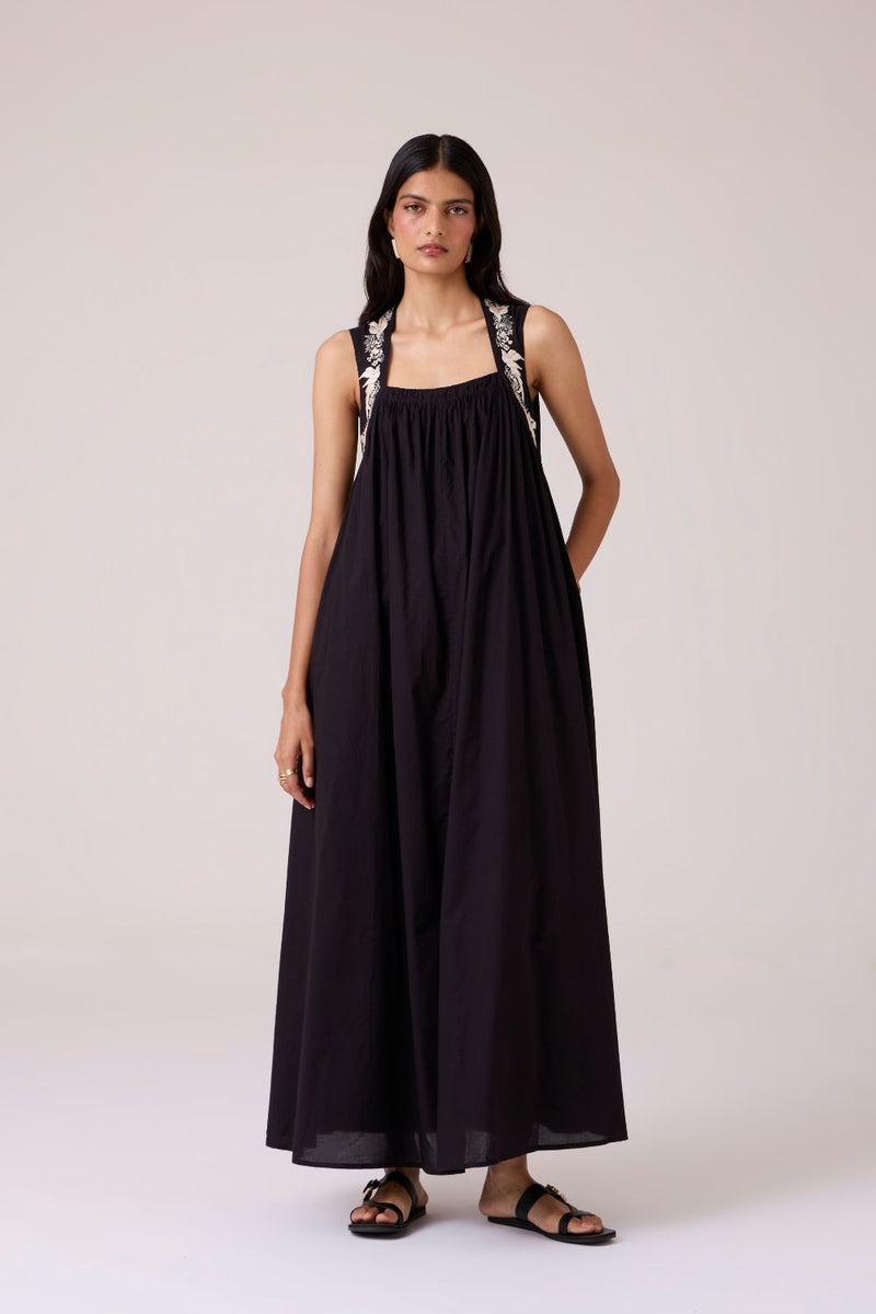 Themis Black Embroidered Dress cotton by The Summer House in black color for women Worldwide