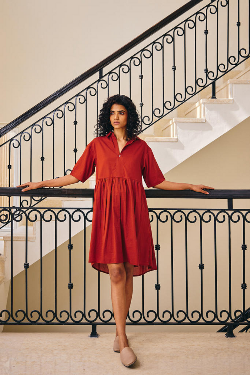 The Sonder Dress cotton by Khara Kapas in rust for women Worldwide