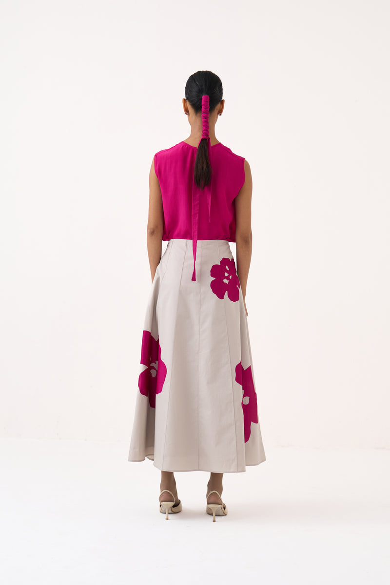 Floral Reverse Applique Skirt Co-Ord (Set Of 2)-Bright Berry silk crepe, poplin co-ord set by THREE in pink for women Worldwide