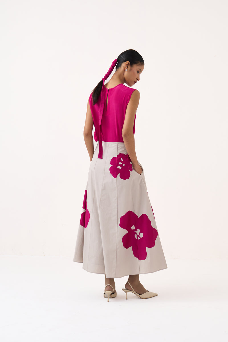 Floral Reverse Applique Skirt-Dove Grey 100% cotton poplin skirt by THREE in grey, pink for women Worldwide