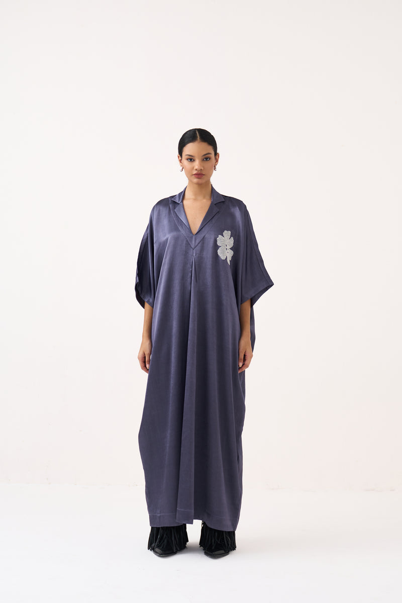 Emb. Gusset Kaftan-Ash Violet mushroo satin tunics/kaftan by THREE in voilet for women Worldwide