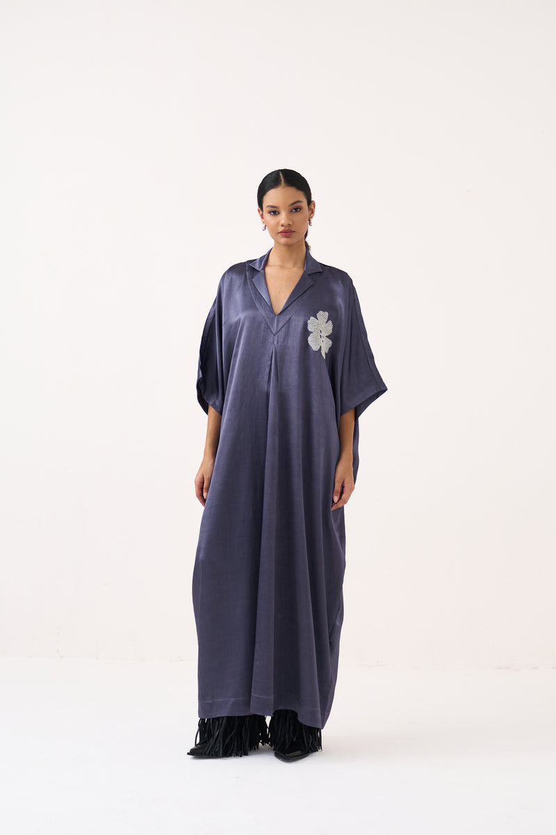Emb. Gusset Kaftan-Ash Violet mushroo satin tunics/kaftan by THREE in voilet for women Worldwide