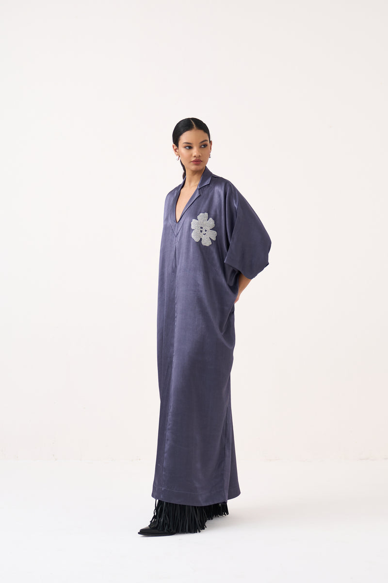 Emb. Gusset Kaftan-Ash Violet mushroo satin tunics/kaftan by THREE in voilet for women Worldwide