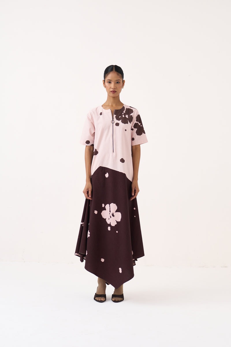 Handkerchief Dress-Baby Pink/Dark Brown crushed cotton dress by THREE in pink for women Worldwide