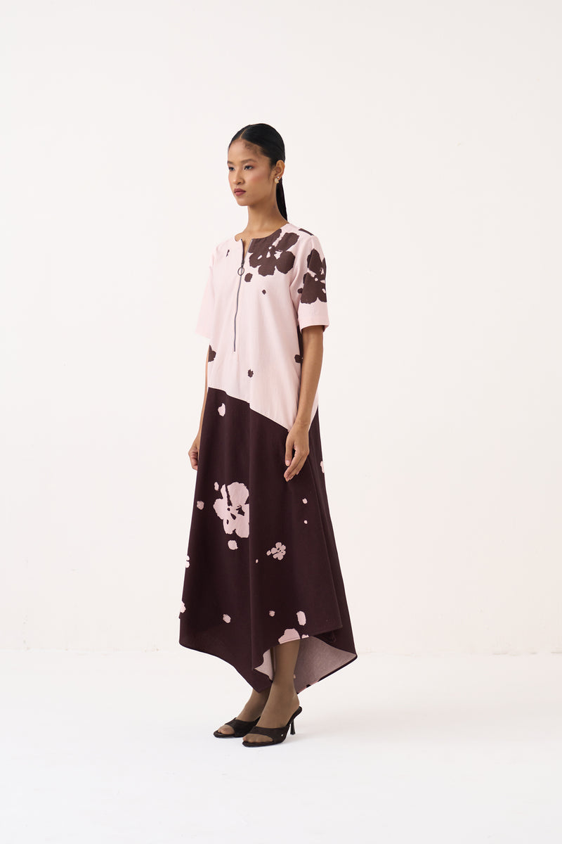 Handkerchief Dress-Baby Pink/Dark Brown crushed cotton dress by THREE in pink for women Worldwide