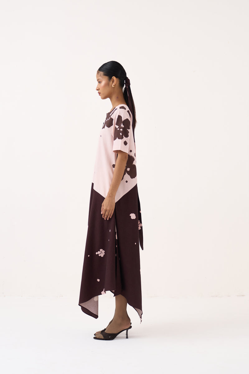 Handkerchief Dress-Baby Pink/Dark Brown crushed cotton dress by THREE in pink for women Worldwide