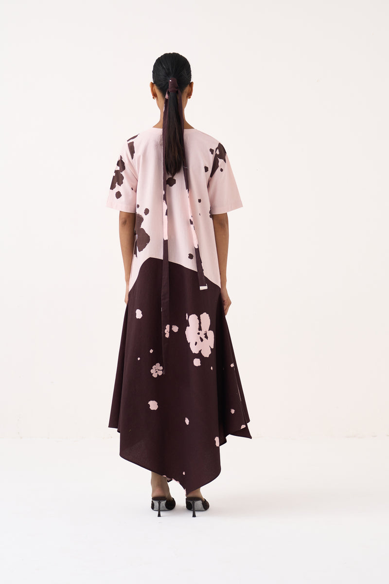 Handkerchief Dress-Baby Pink/Dark Brown crushed cotton dress by THREE in pink for women Worldwide