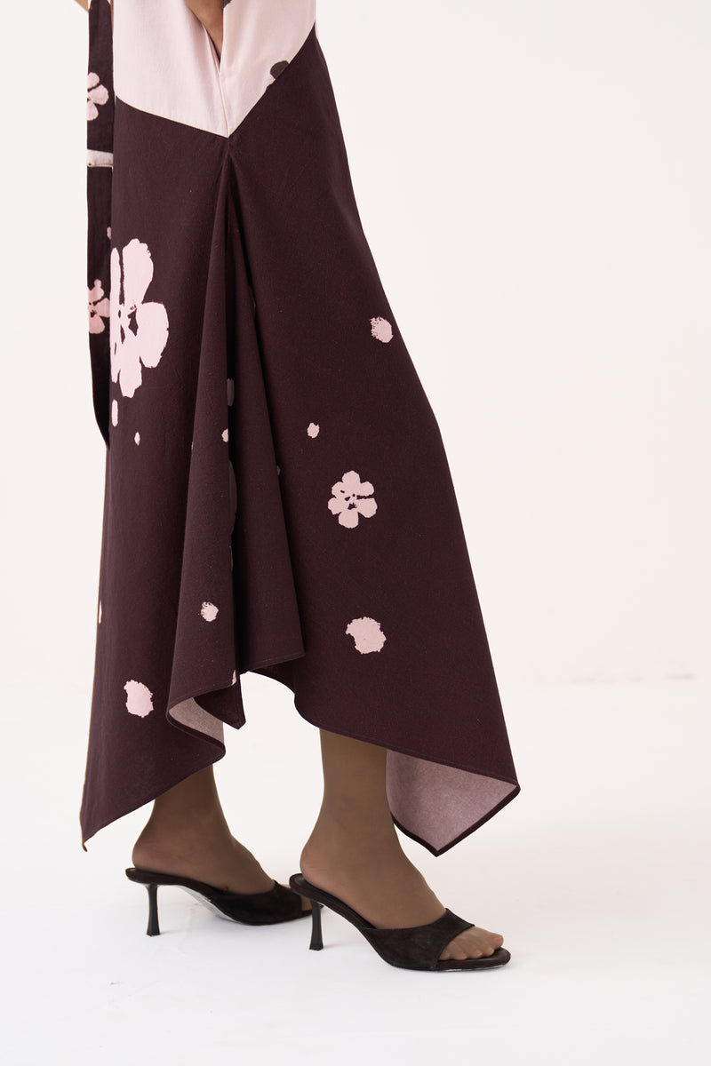 Handkerchief Dress-Baby Pink/Dark Brown crushed cotton dress by THREE in pink for women Worldwide