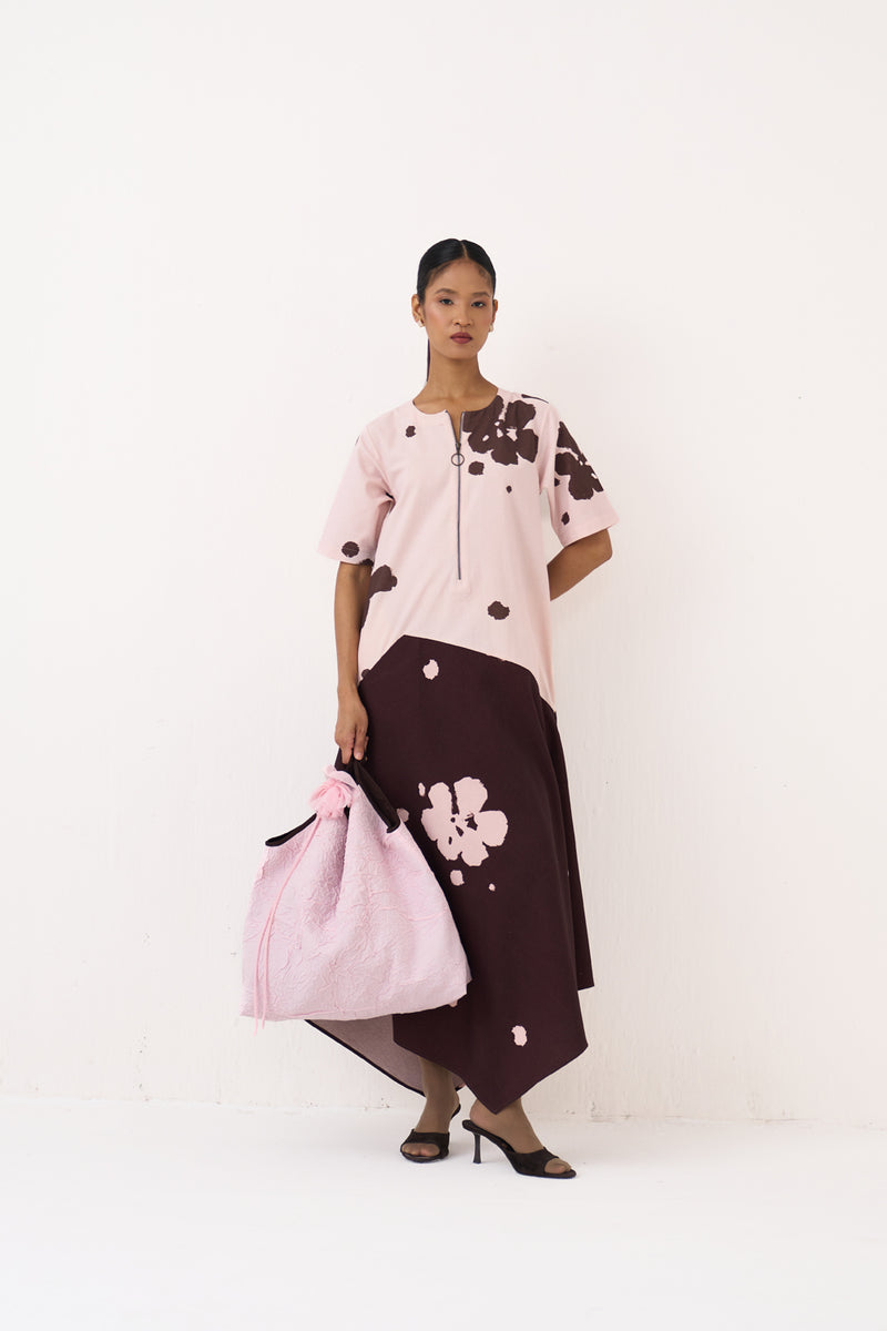 Handkerchief Dress-Baby Pink/Dark Brown crushed cotton dress by THREE in pink for women Worldwide