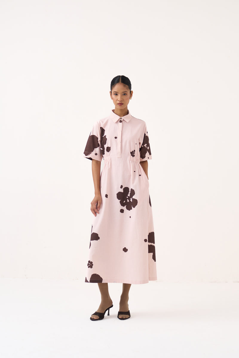 Collared Side Elastic Waist Dress-Baby Pink/Dark Brown crushed cotton dress by THREE in pink for women Worldwide