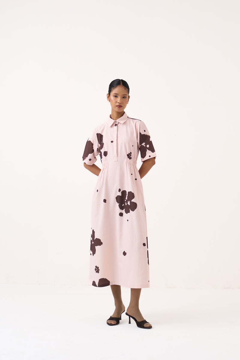Collared Side Elastic Waist Dress-Baby Pink/Dark Brown crushed cotton dress by THREE in pink for women Worldwide