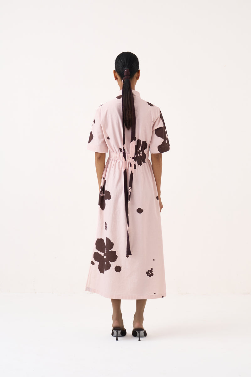 Collared Side Elastic Waist Dress-Baby Pink/Dark Brown crushed cotton dress by THREE in pink for women Worldwide