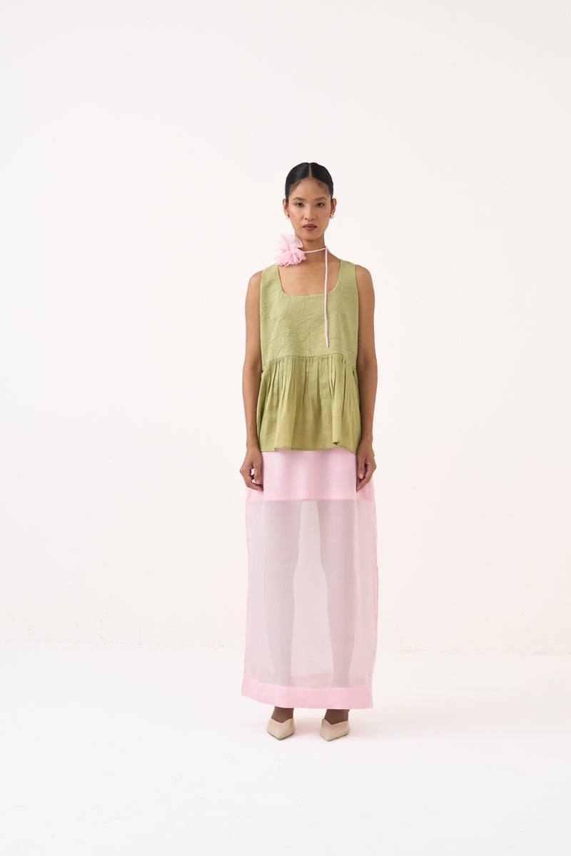 Sleeveless Yoke Gather Top-Soft Moss chanderi top/shirt by THREE in soft moss for women Worldwide
