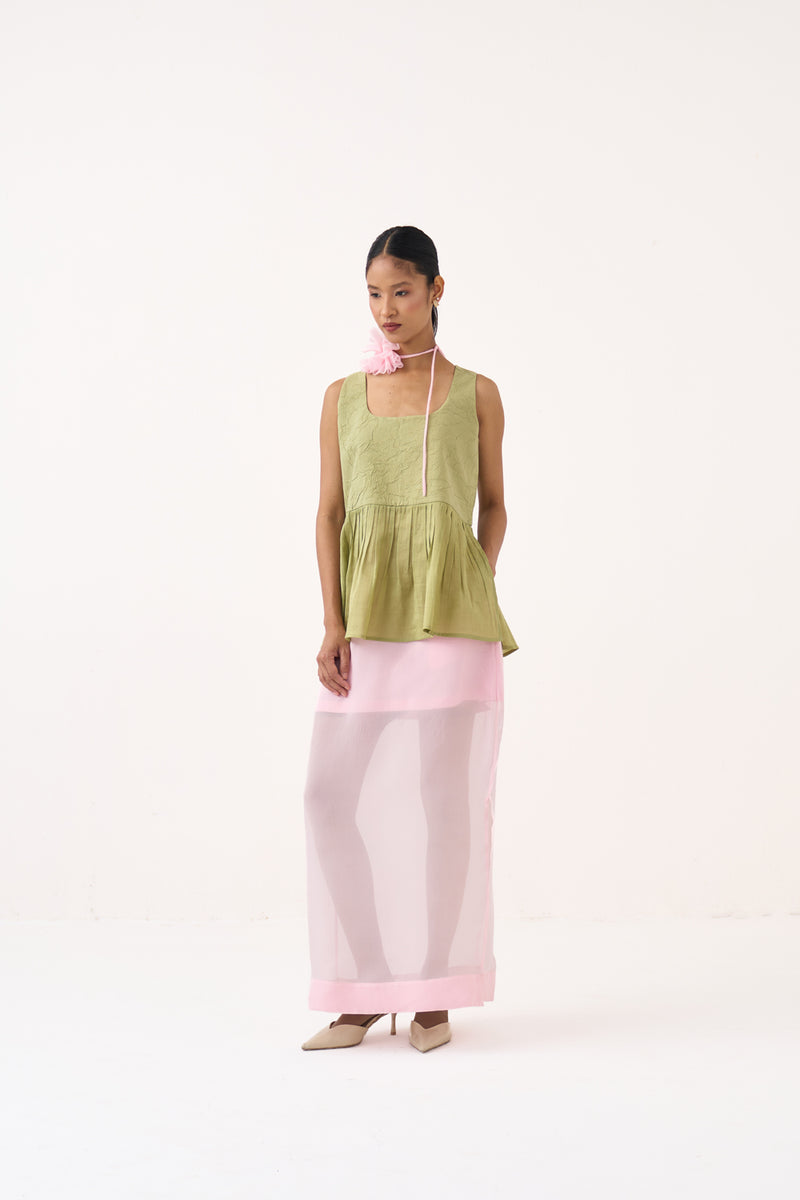 Sleeveless Yoke Gather Top Co-Ord-Soft Moss & Petal Pink chanderi/mul co-ord set by THREE in soft moss for women Worldwide