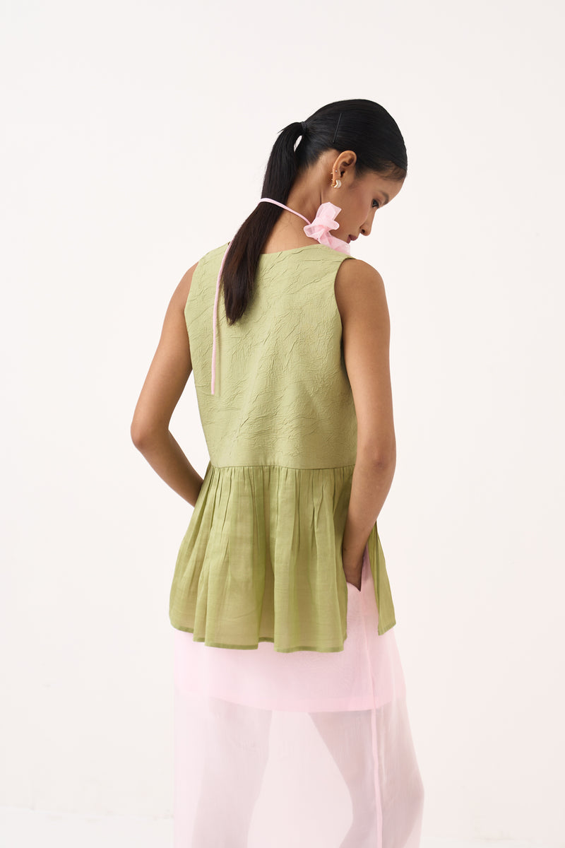 Sleeveless Yoke Gather Top Co-Ord-Soft Moss & Petal Pink chanderi/mul co-ord set by THREE in soft moss for women Worldwide