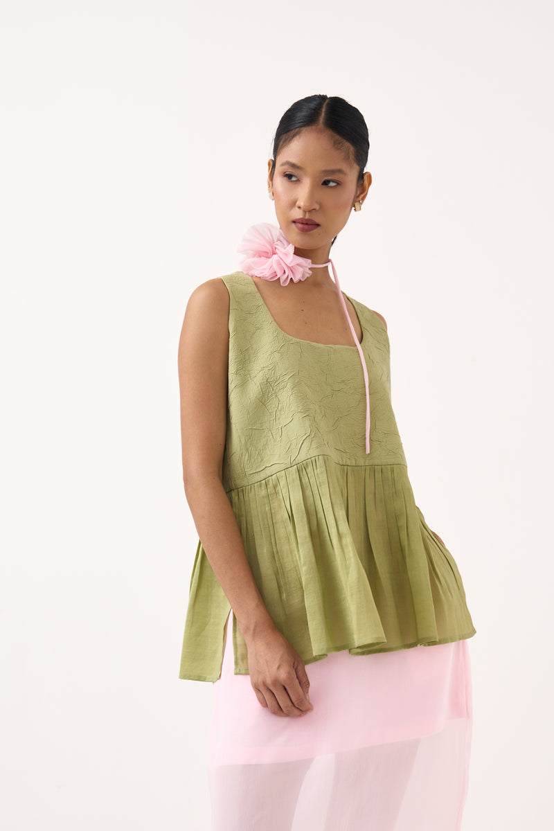 Sleeveless Yoke Gather Top Co-Ord-Soft Moss & Petal Pink chanderi/mul co-ord set by THREE in soft moss for women Worldwide