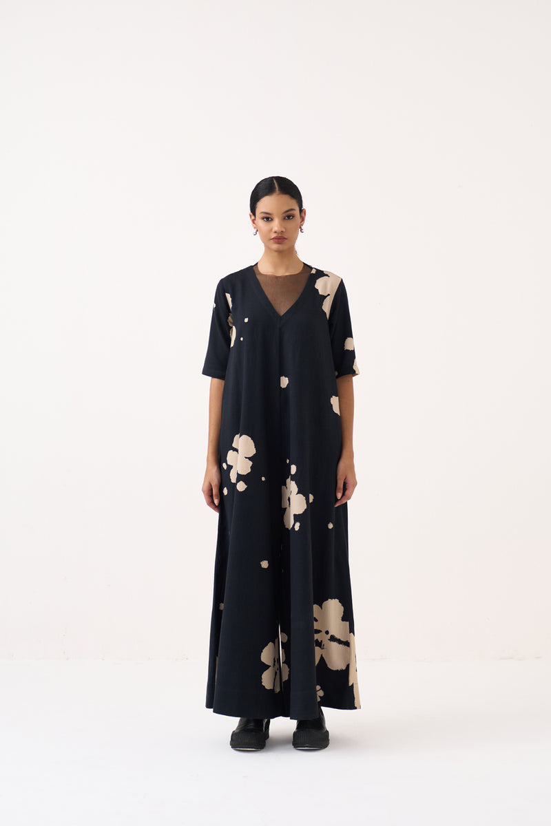 Floral Jumpsuit-Black crushed cotton jumpsuit by THREE in black for women Worldwide
