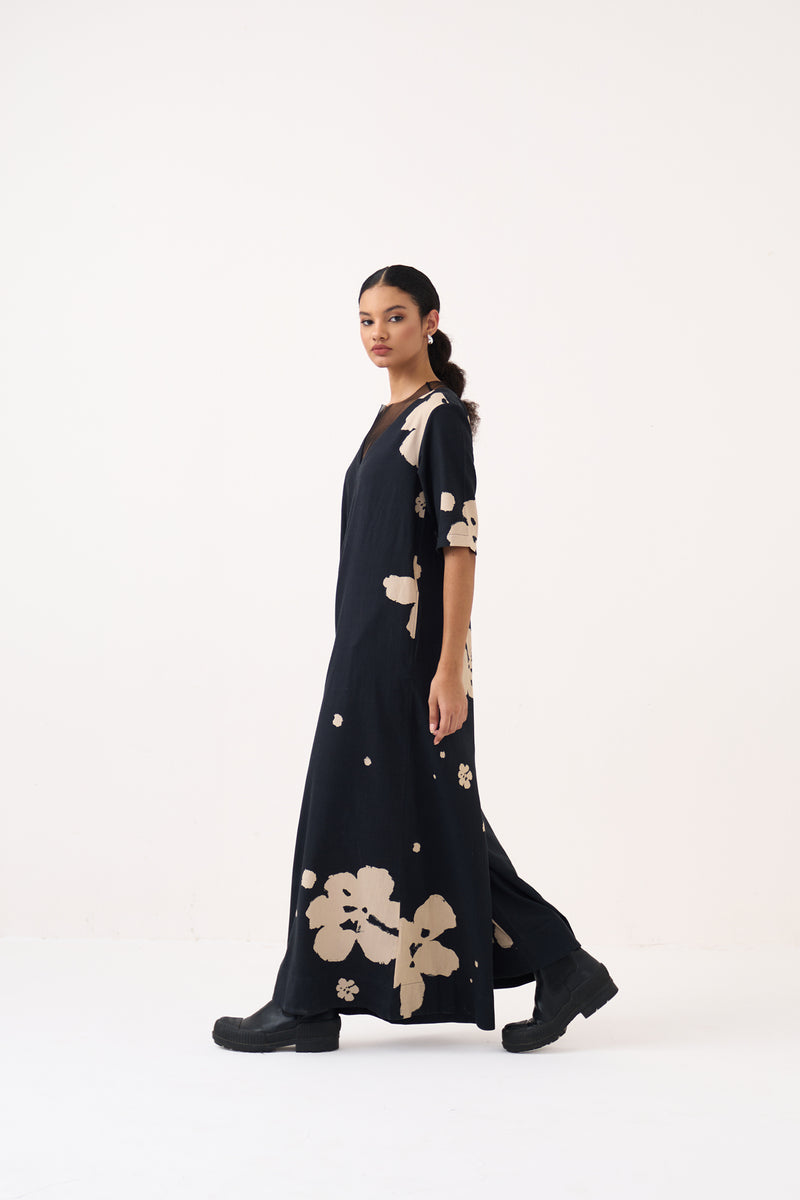 Floral Jumpsuit-Black crushed cotton jumpsuit by THREE in black for women Worldwide
