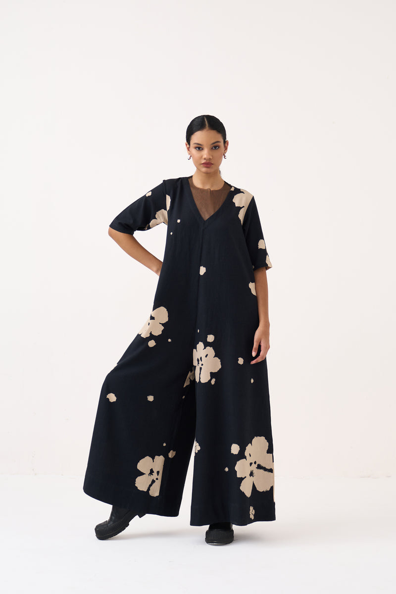 Floral Jumpsuit-Black crushed cotton jumpsuit by THREE in black for women Worldwide