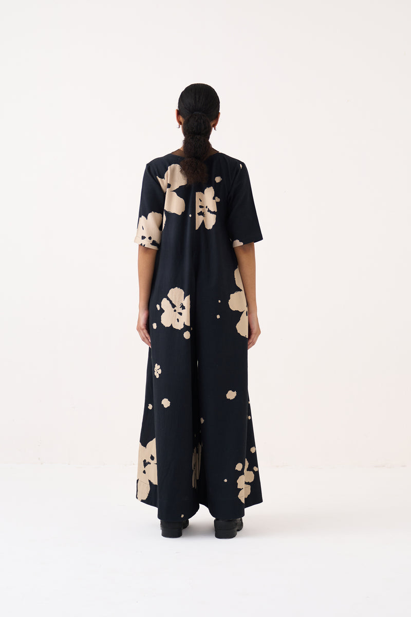 Floral Jumpsuit-Black crushed cotton jumpsuit by THREE in black for women Worldwide