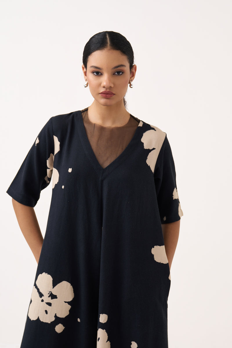 Floral Jumpsuit-Black crushed cotton jumpsuit by THREE in black for women Worldwide