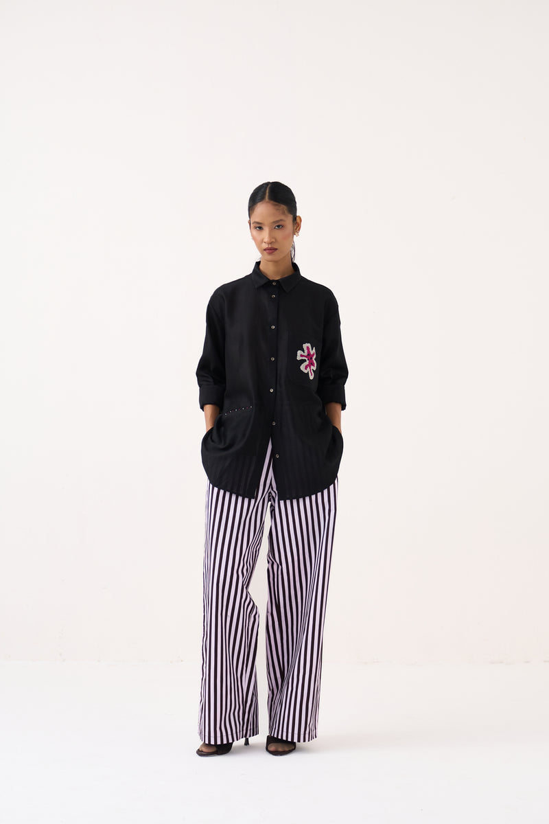 Emb. Patch Pocket Shirt Co-Ord (Set Of 2)-Black chanderi, poplin co-ord set by THREE in black for women Worldwide