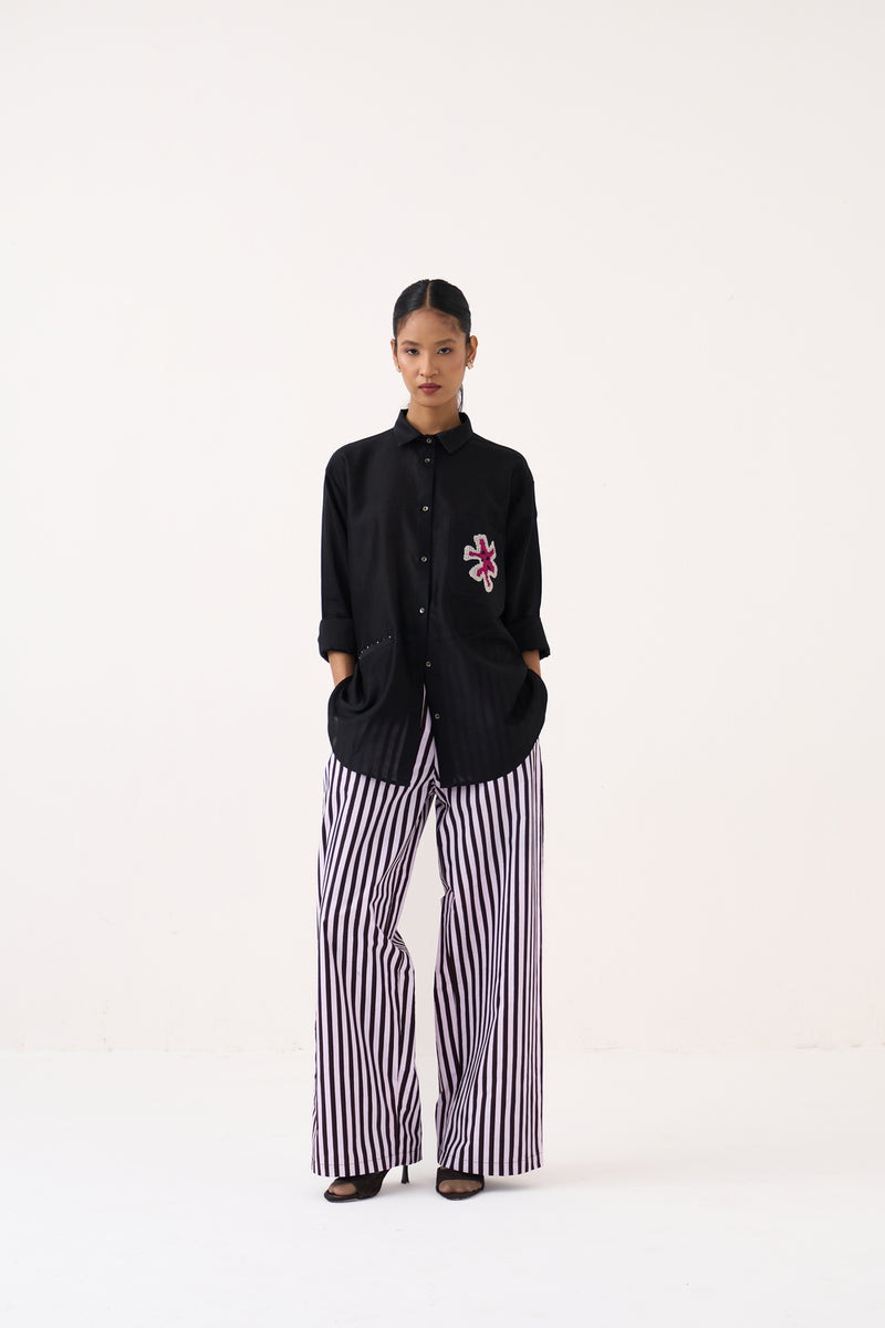 Emb. Patch Pocket Shirt-Black chanderi top/shirt by THREE in black for women Worldwide