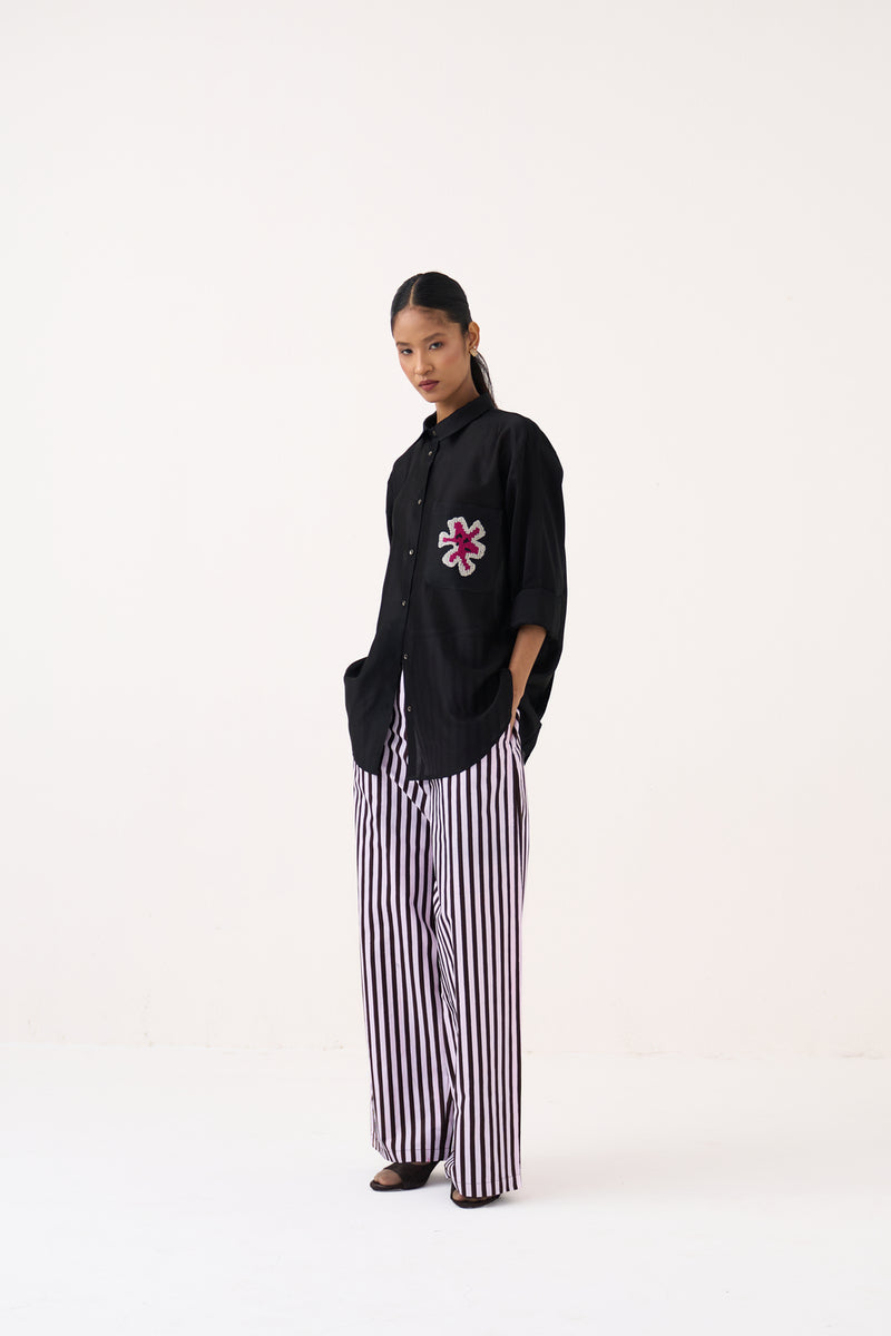 Emb. Patch Pocket Shirt-Black chanderi top/shirt by THREE in black for women Worldwide