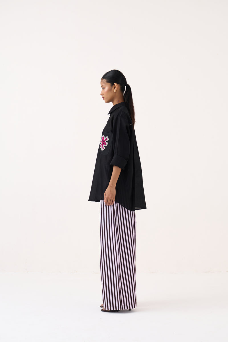 Emb. Patch Pocket Shirt Co-Ord (Set Of 2)-Black chanderi, poplin co-ord set by THREE in black for women Worldwide