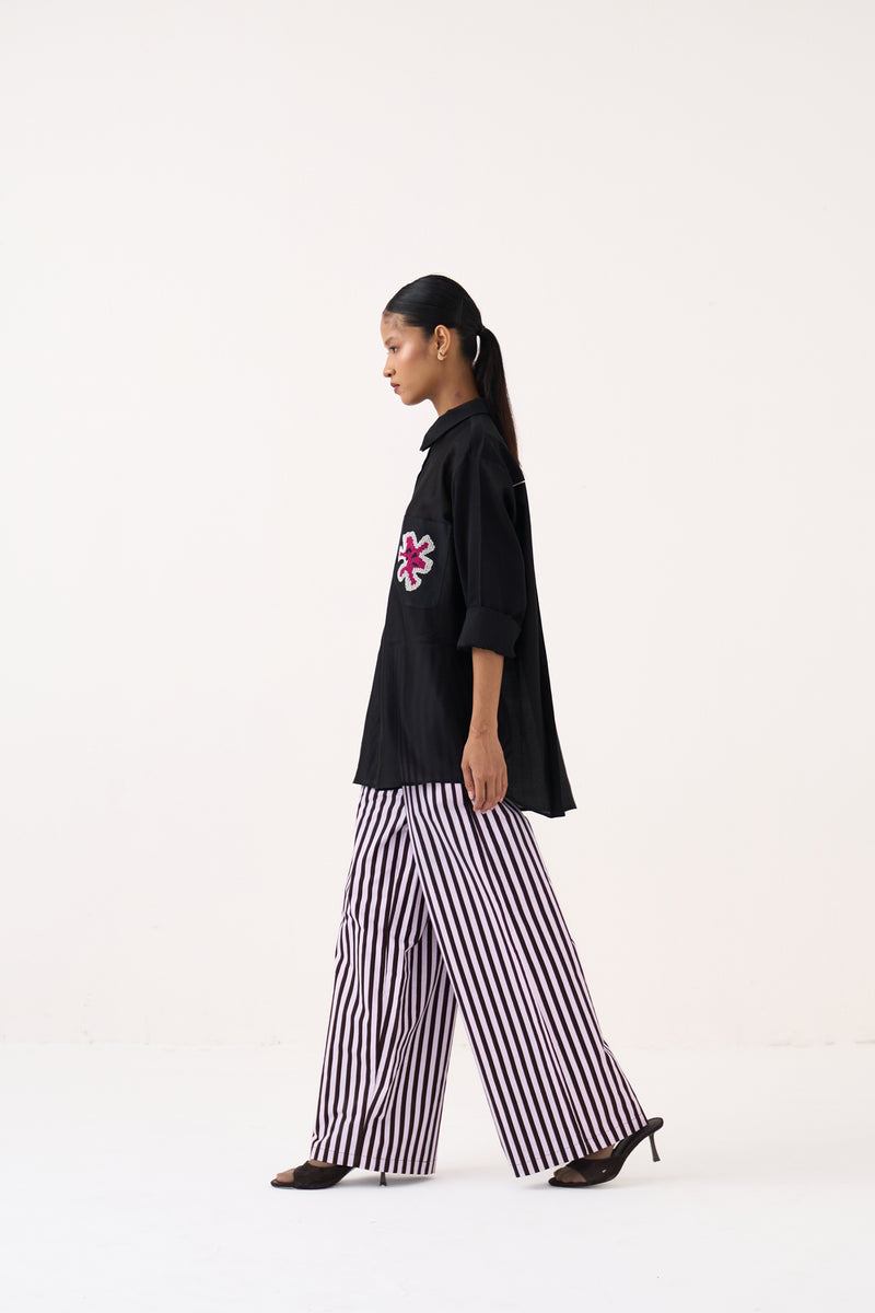 Emb. Patch Pocket Shirt Co-Ord (Set Of 2)-Black chanderi, poplin co-ord set by THREE in black for women Worldwide