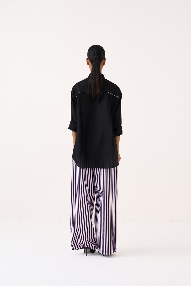 Emb. Patch Pocket Shirt-Black chanderi top/shirt by THREE in black for women Worldwide