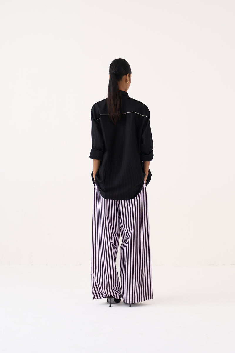 Emb. Patch Pocket Shirt Co-Ord (Set Of 2)-Black chanderi, poplin co-ord set by THREE in black for women Worldwide